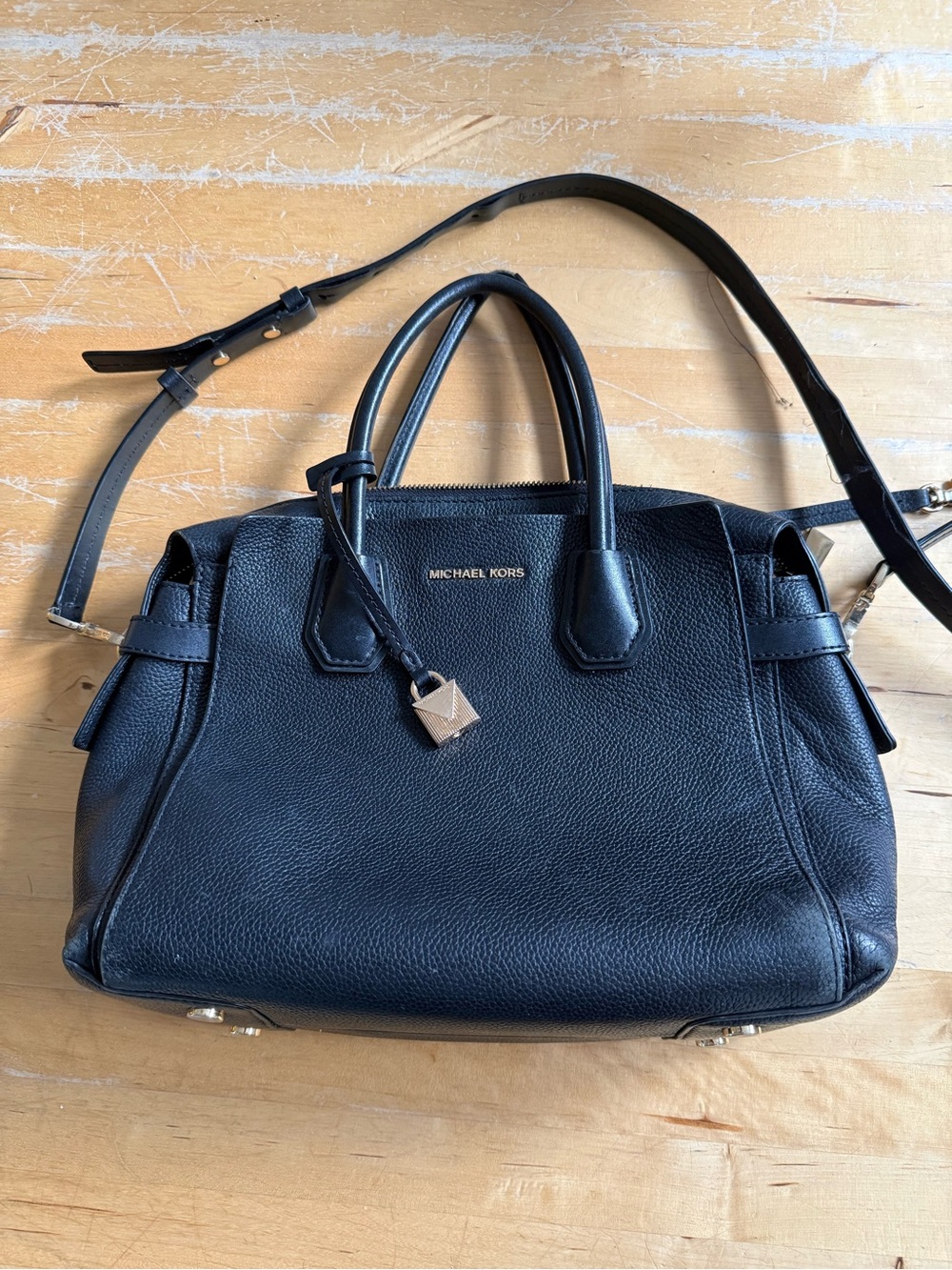 Michael Kors Black Pebbled Leather Satchel with Gold Hardware